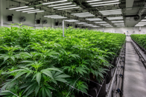 A professional indoor cultivation room with healthy vegetative cannabis plants under grow lights.