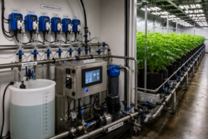 Professional nutrient mixing and irrigation systems used in cultivation.
