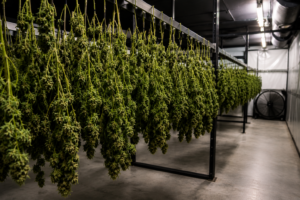 Cannabis plants hanging in a professional drying room.